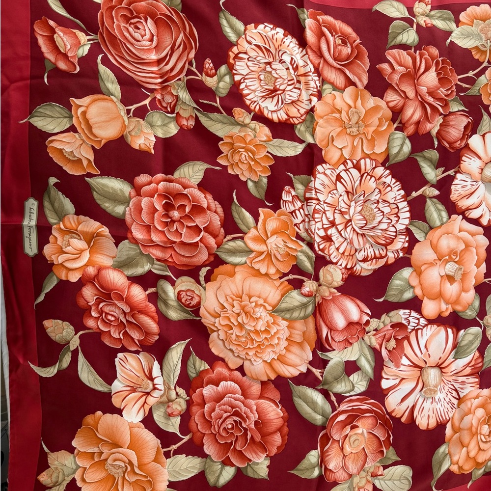 Salvatore Ferragamo Floral Red and Orange Scarf ($125)